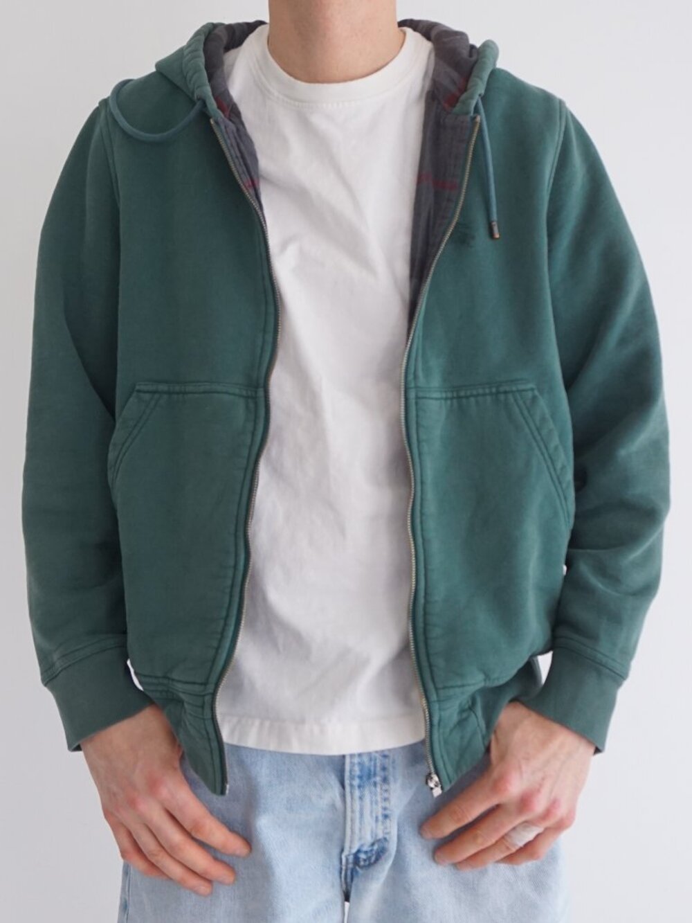 Y2K Burberry Green Solid Full Zip Hooded Sweatshirt Nova Check Lining Jacket L